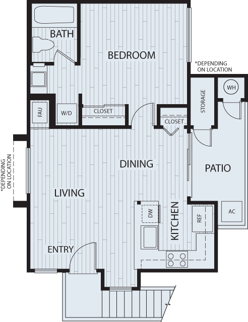 Floor plan for 1 bed, 1 bath, 600 sqft